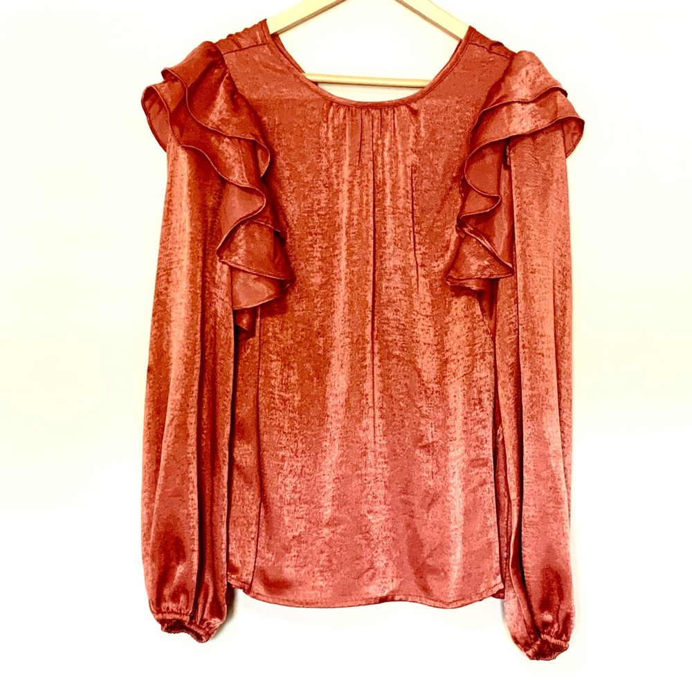 GLAM Top Brick Red “Another Brick In The Wall” Ruffle Elastic Wrist Large NWT